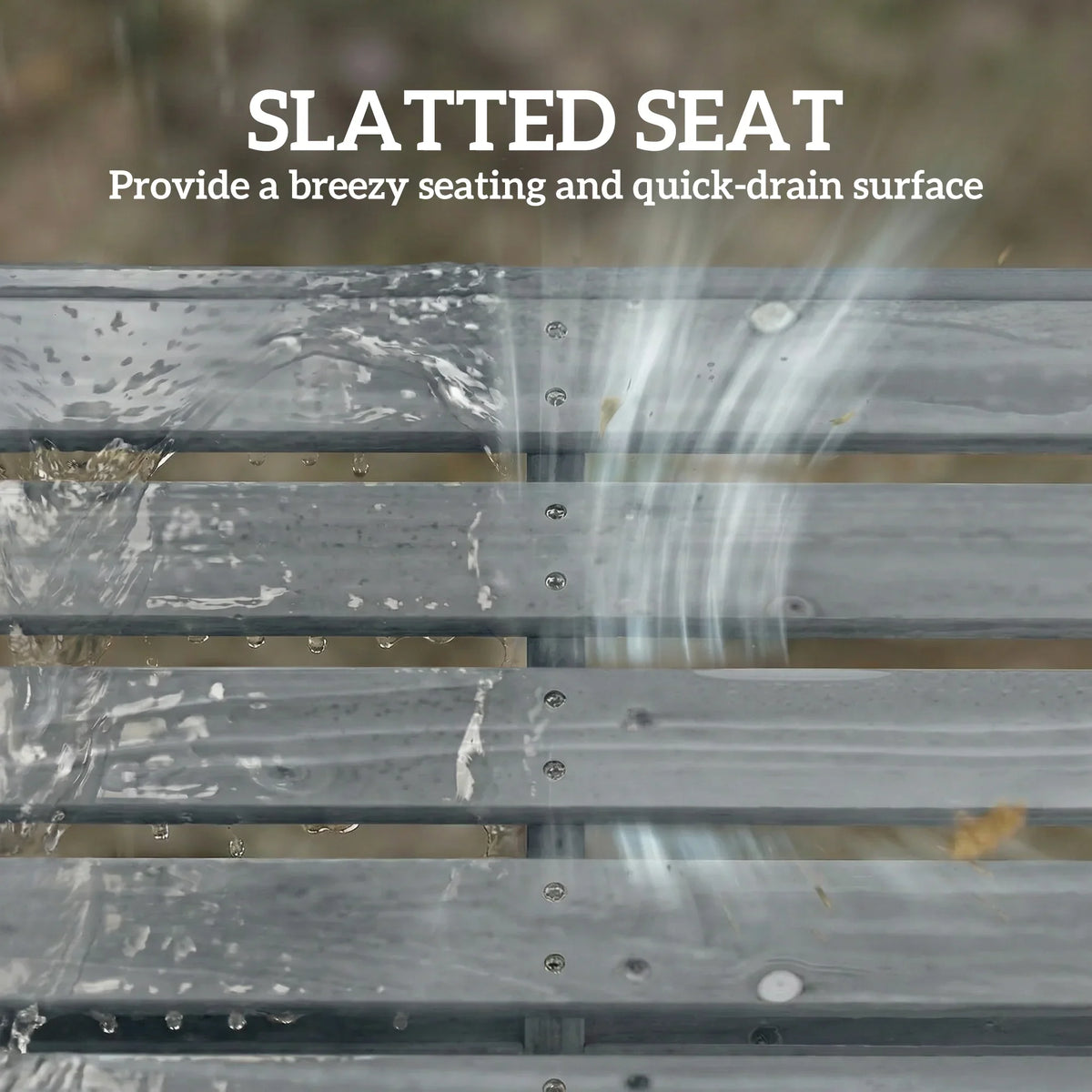 Grey slatted seat with quick-drain design on a backless outdoor bench, visible screws.