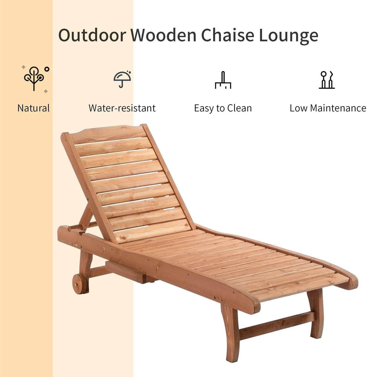 Outdoor wooden chaise lounge chair with adjustable backrest and slatted seat