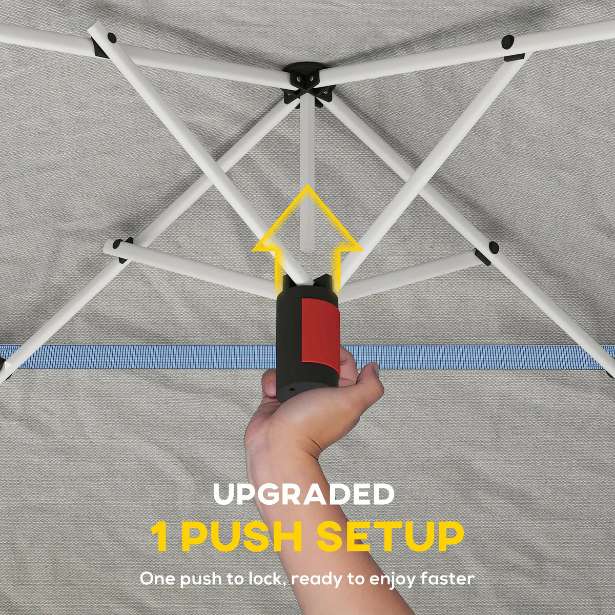 Gazebo canopy frame with central push-lock mechanism, gray fabric interior view