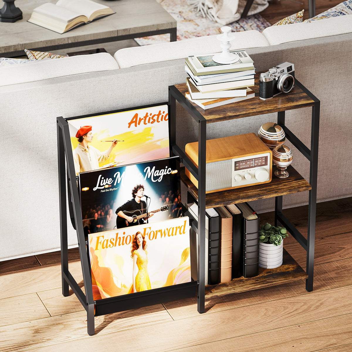 3-tier record player stand end table with vinyl records, small decor, and camera on shelves.
