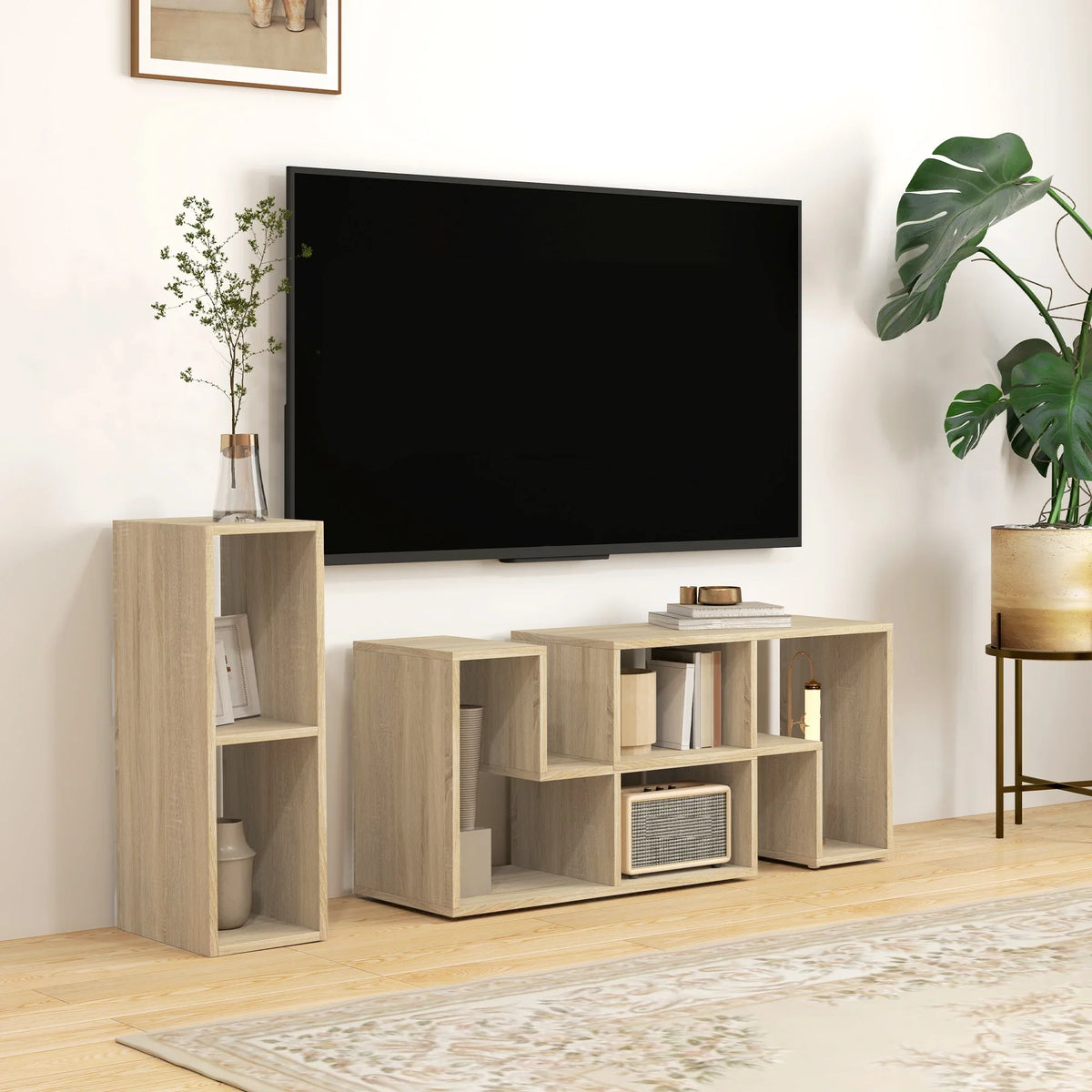 Grey wood-effect TV stand with six open shelves and center media bay for 75-inch TVs