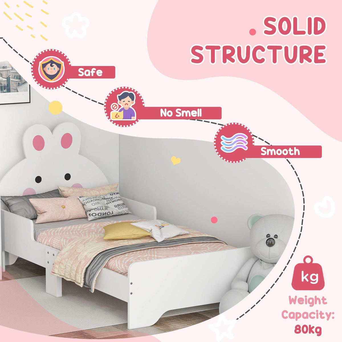 Kids bunny-themed bed with high back and smooth white frame