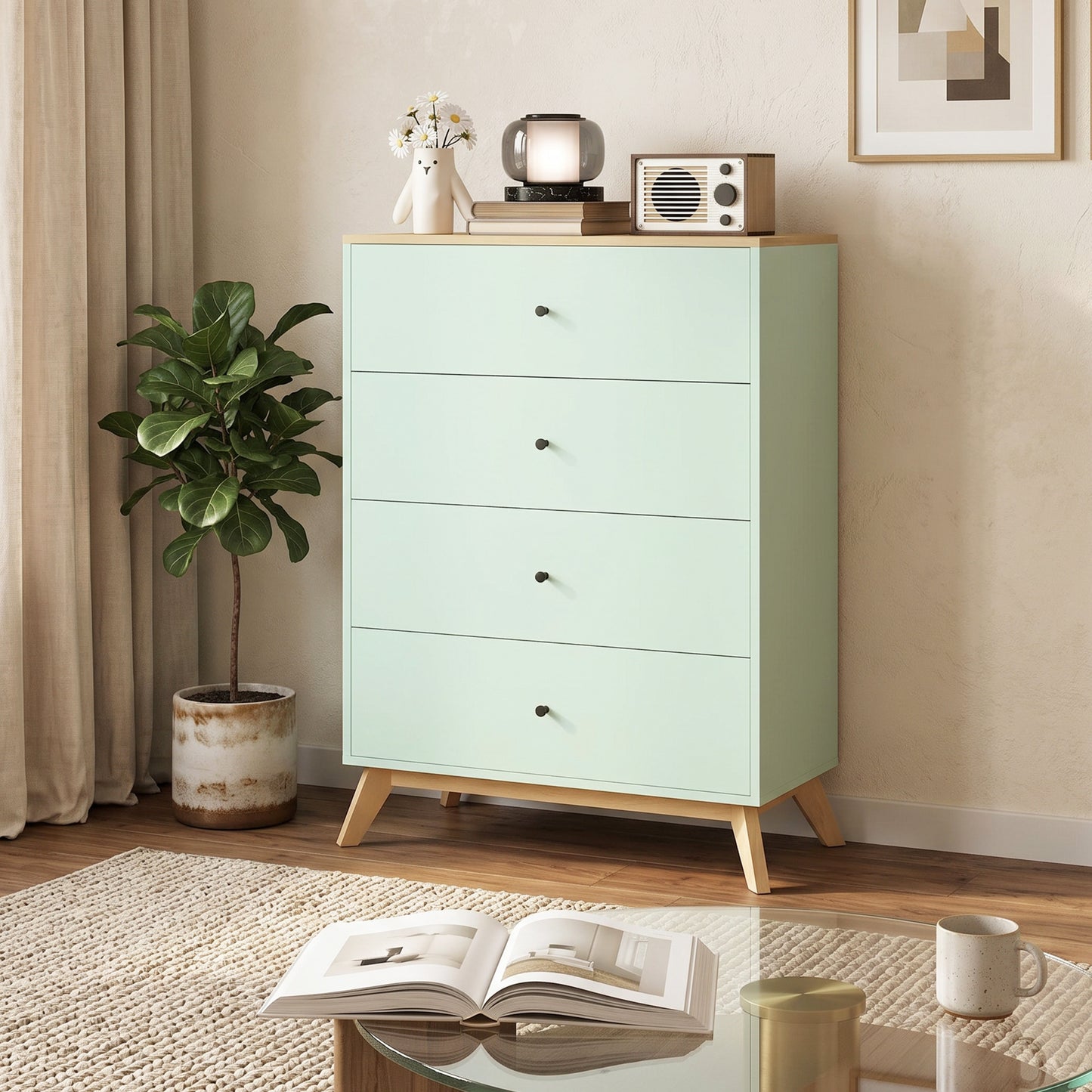 HOMCOM 4 Drawer Storage Cabinet Chest of Drawers for Bedroom and Living Room in Light Green and Oak Finish