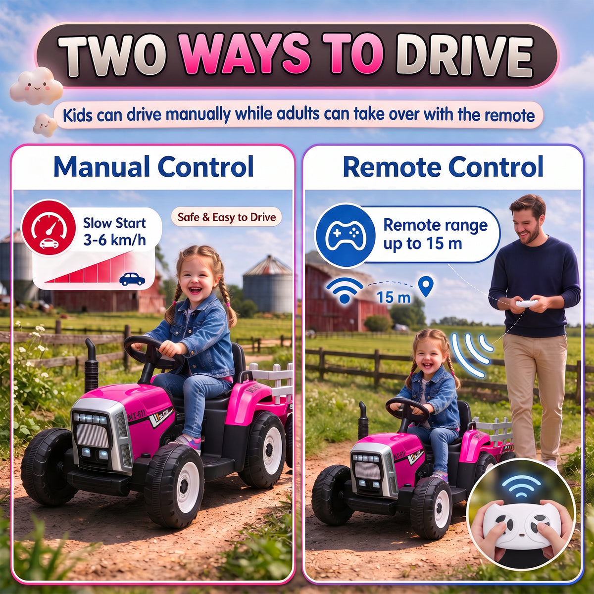 HOMCOM 12V Pink Kids Ride On Tractor With Remote Control And Trailer