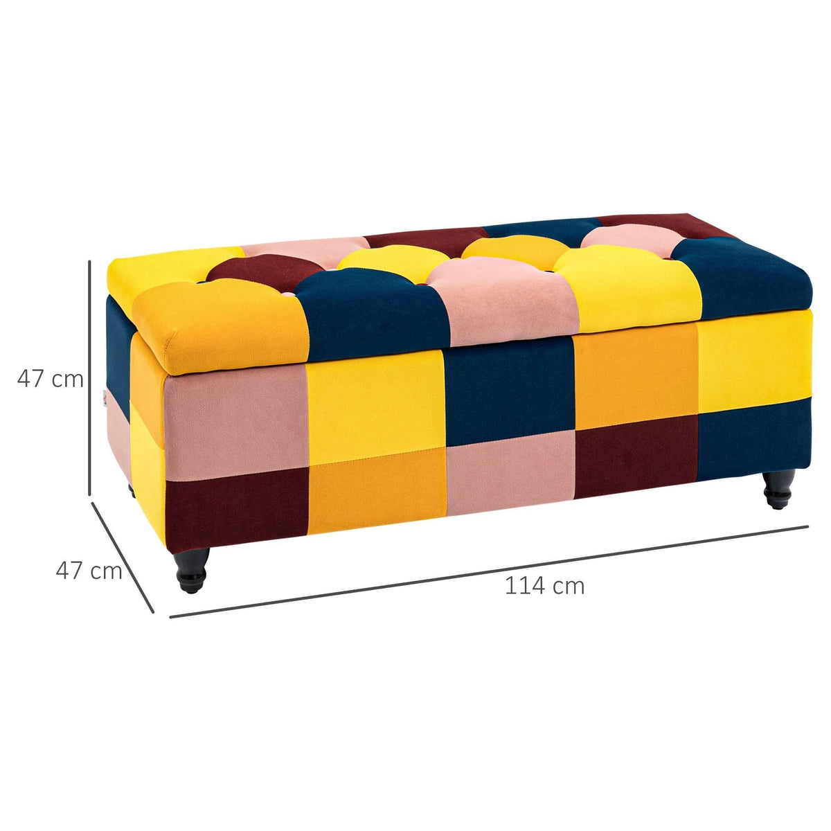 Patchwork velvet storage ottoman with hinged lid, multicolor block pattern, short legs