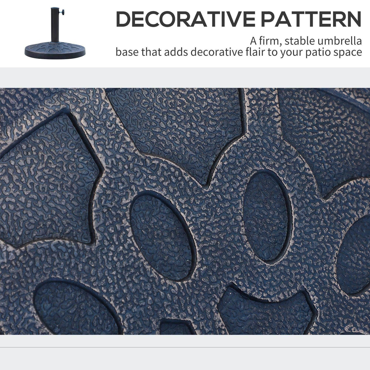Dark blue resin umbrella base with decorative embossed pattern and center pole opening