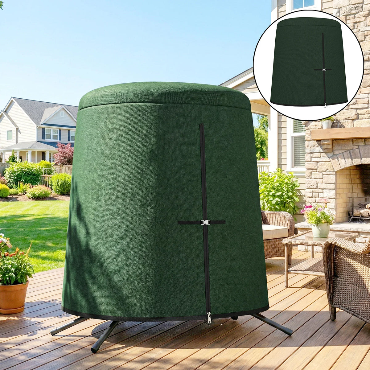 Green protective cover for hanging egg chair, full front zipper and tie straps