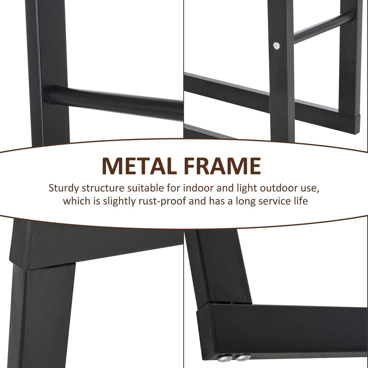 Black metal frame log rack with horizontal support bars and corner brackets