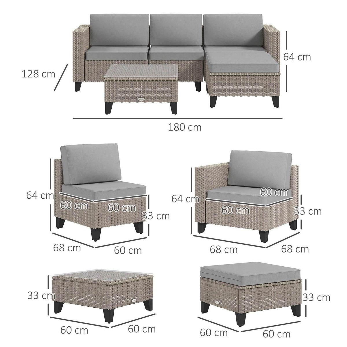 5-piece corner sofa set with grey cushions, rattan side seats, ottomans, and coffee table