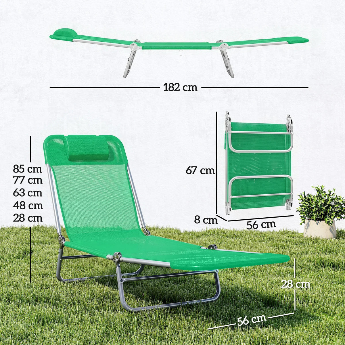 Green folding sun lounger with steel frame and reclining backrest, shown with size details