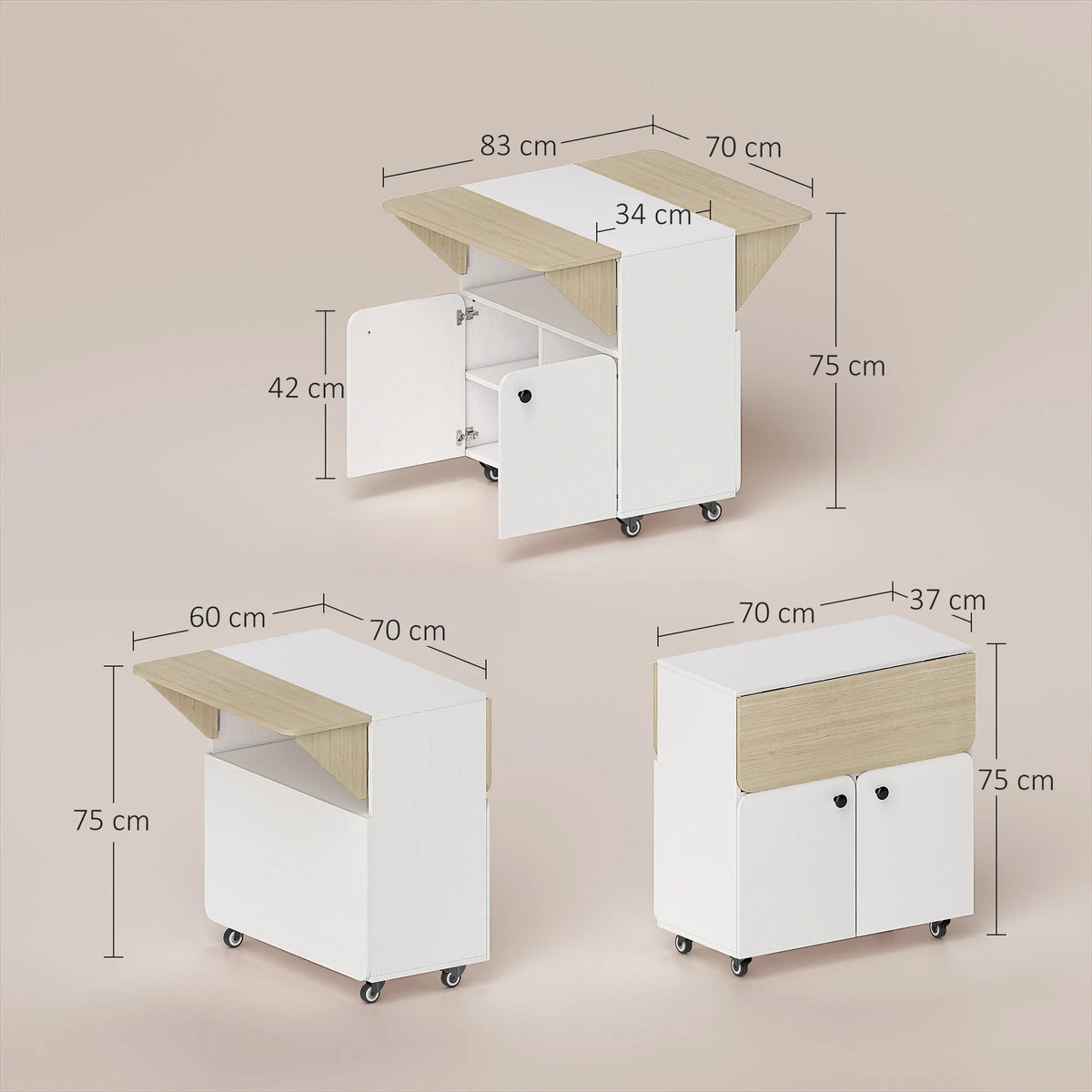 Folding dining table dimensions view with rolling cabinet and drop-leaf side panels