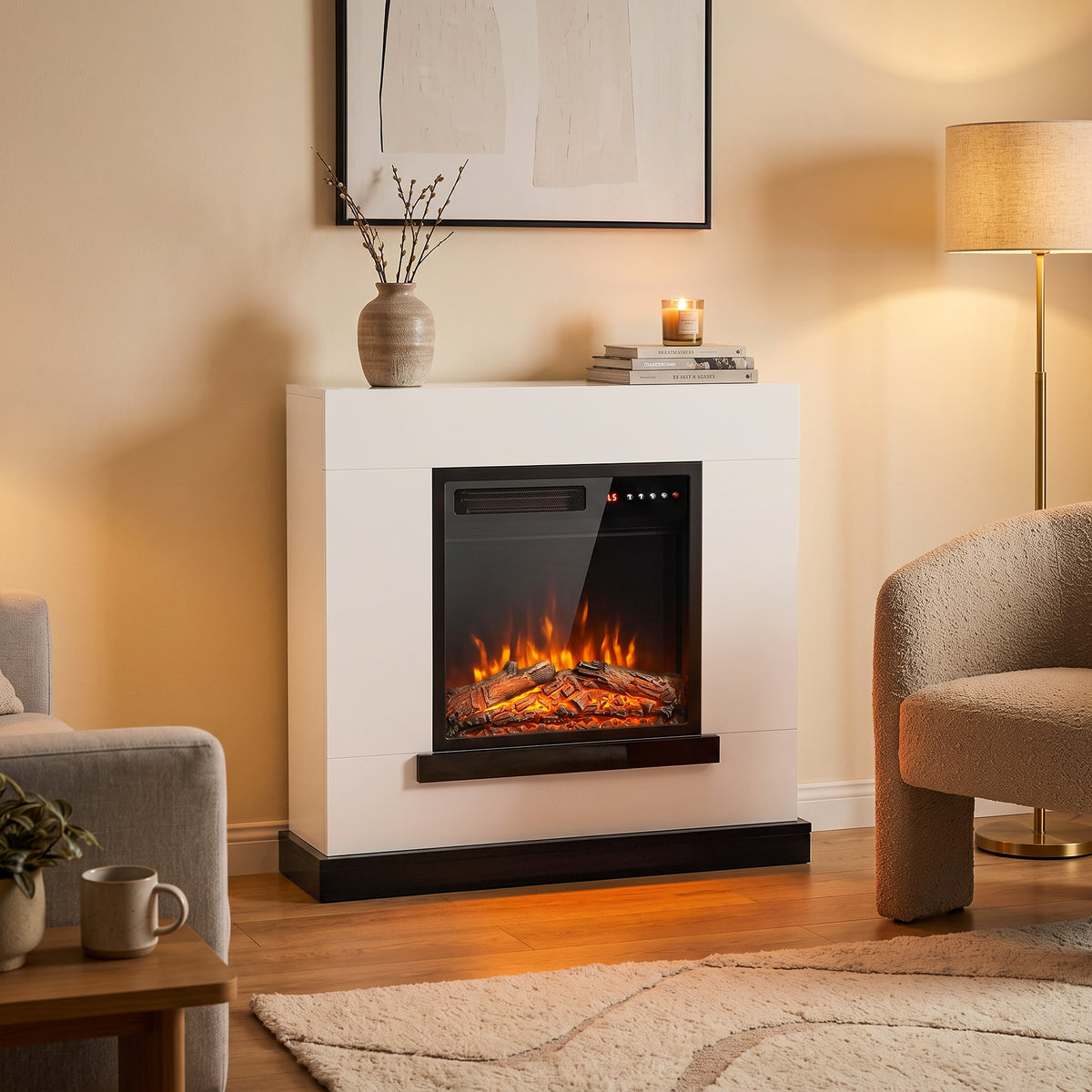 White electric fireplace console with black trim and visible glowing logs