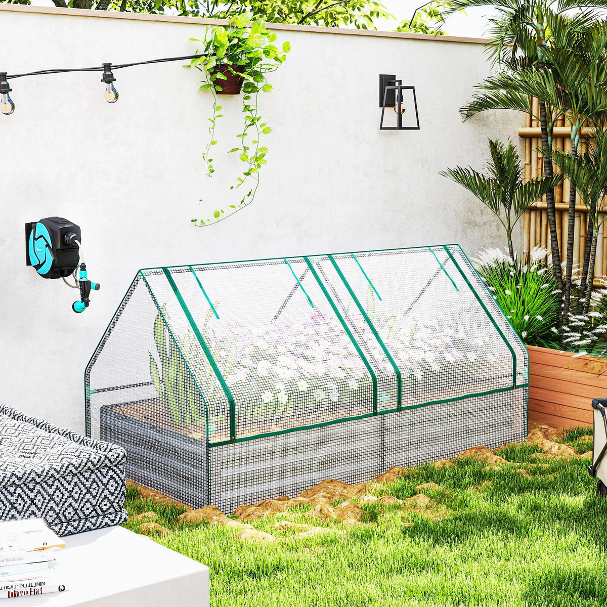 Greenhouse cover raised planter box with dark gray base and white mesh, outdoor garden
