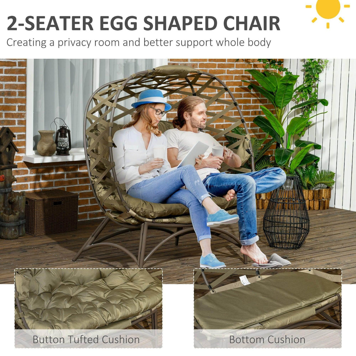 2-seat egg-shaped outdoor chair with khaki tufted cushion and woven canopy frame