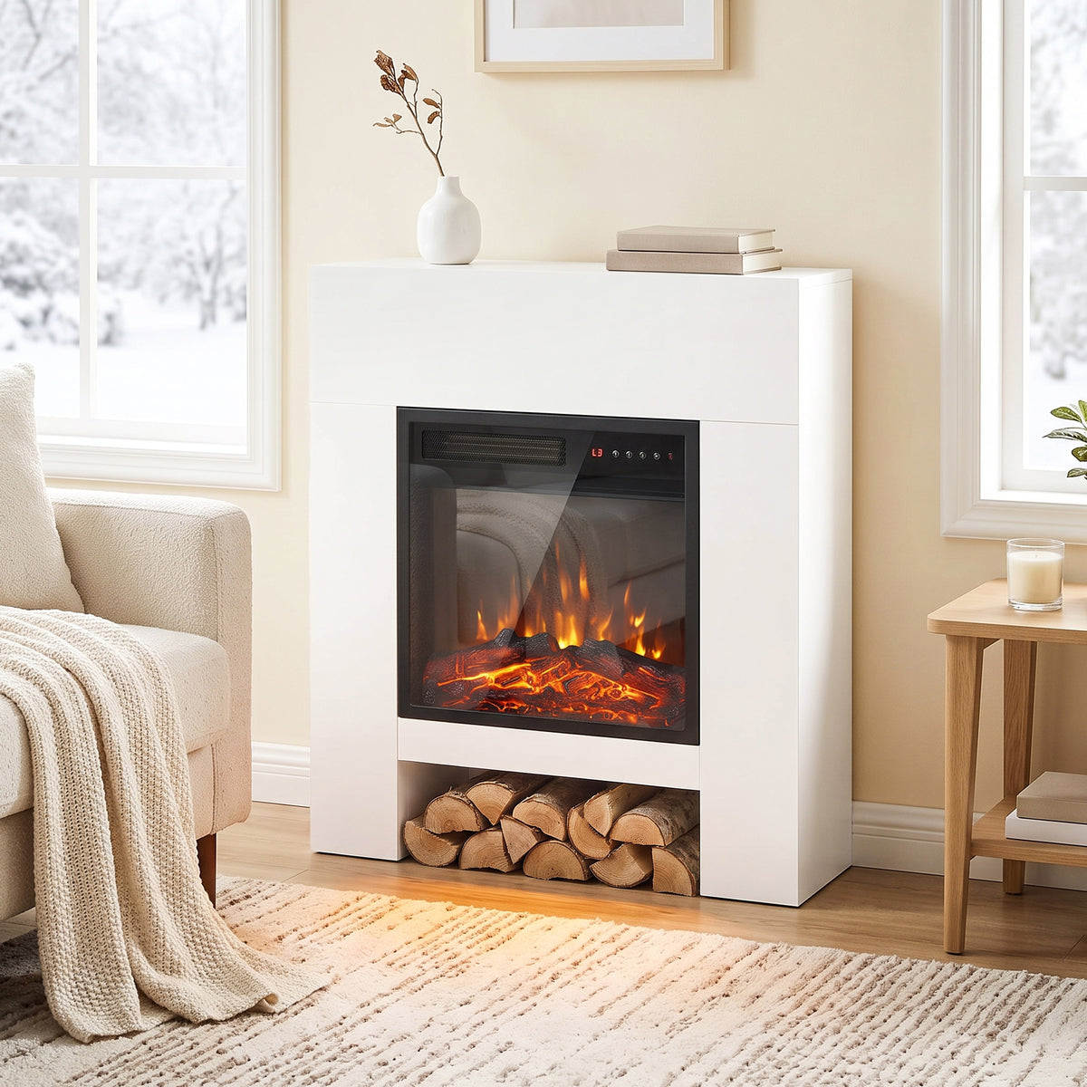 White electric fireplace cabinet with black flame window and lower log storage compartment