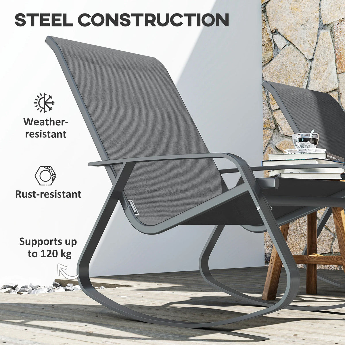 Grey steel rocking garden chair with mesh seat and curved steel frame