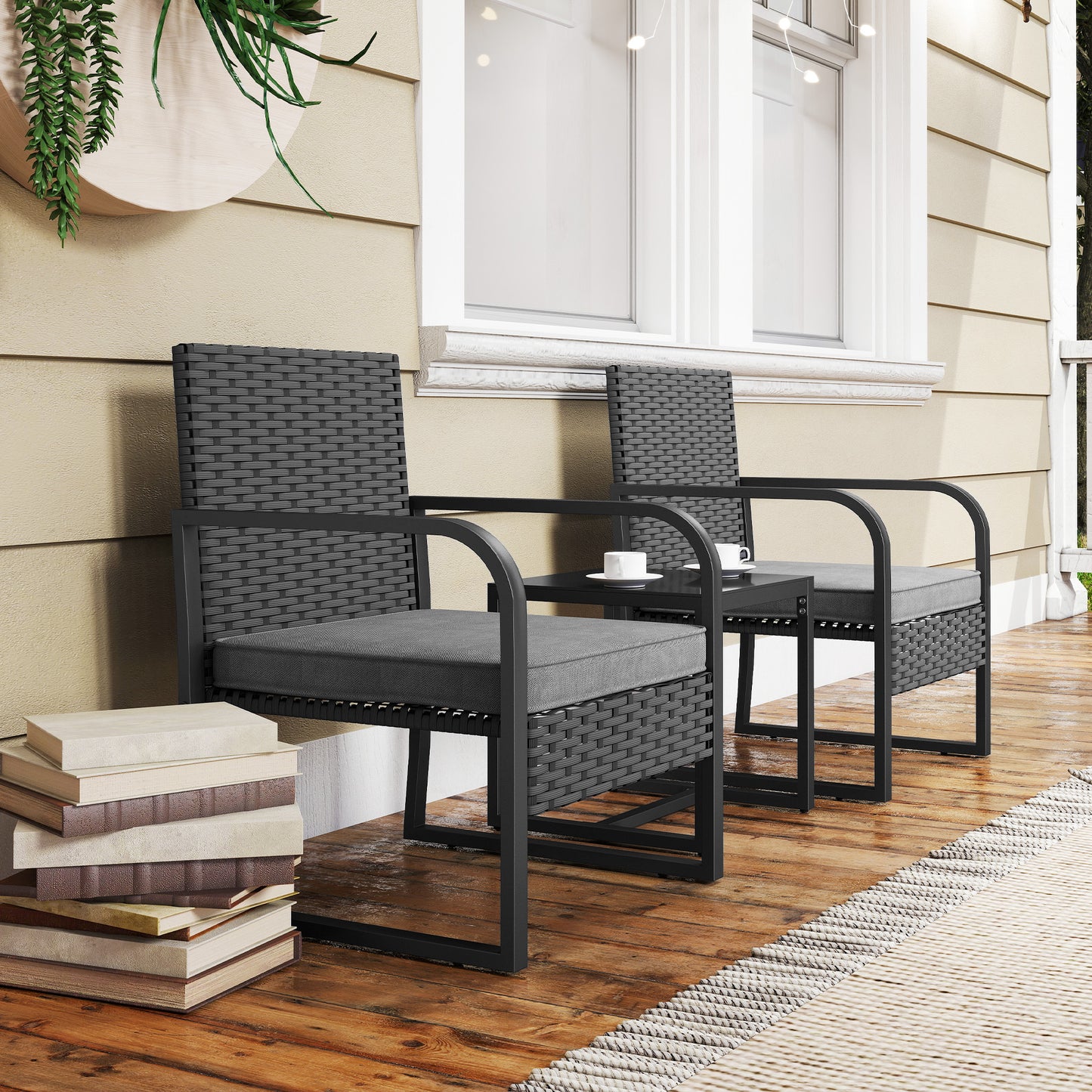 Outsunny Rattan Bistro Set 3 Piece Garden Furniture With Cushions And Glass Top Table Black Weather Resistant