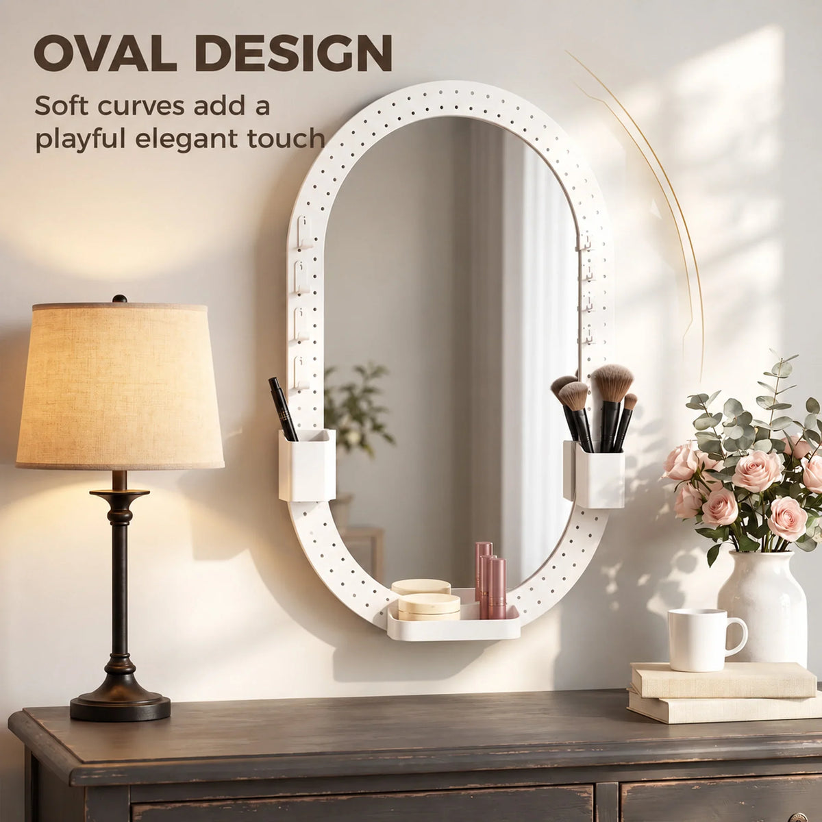 White oval mirror with perforated pegboard frame and side accessory holders