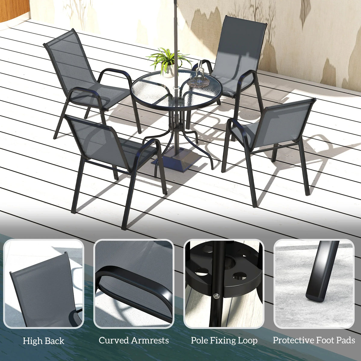 Five-piece dark grey patio set with four high-back chairs and round glass-top table