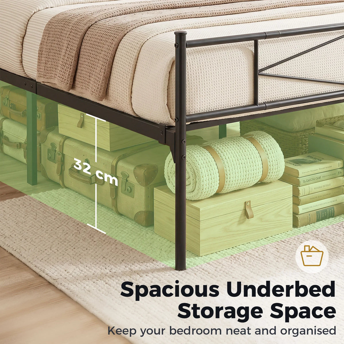 Black metal double bed frame with 32 cm underbed storage space and slatted base