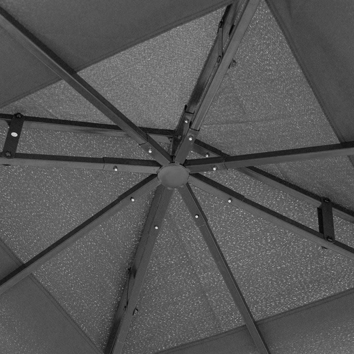 Gazebo roof interior view with textured fabric panels and steel support ribs