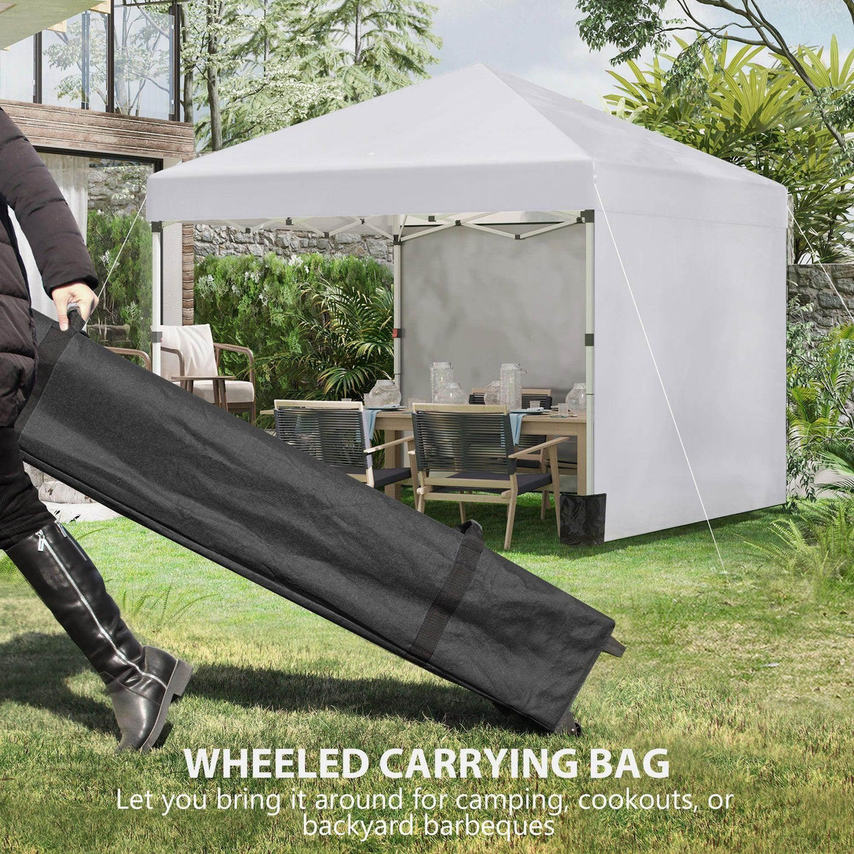 White pop-up gazebo party tent with sidewalls and wheeled carrying bag for transport.