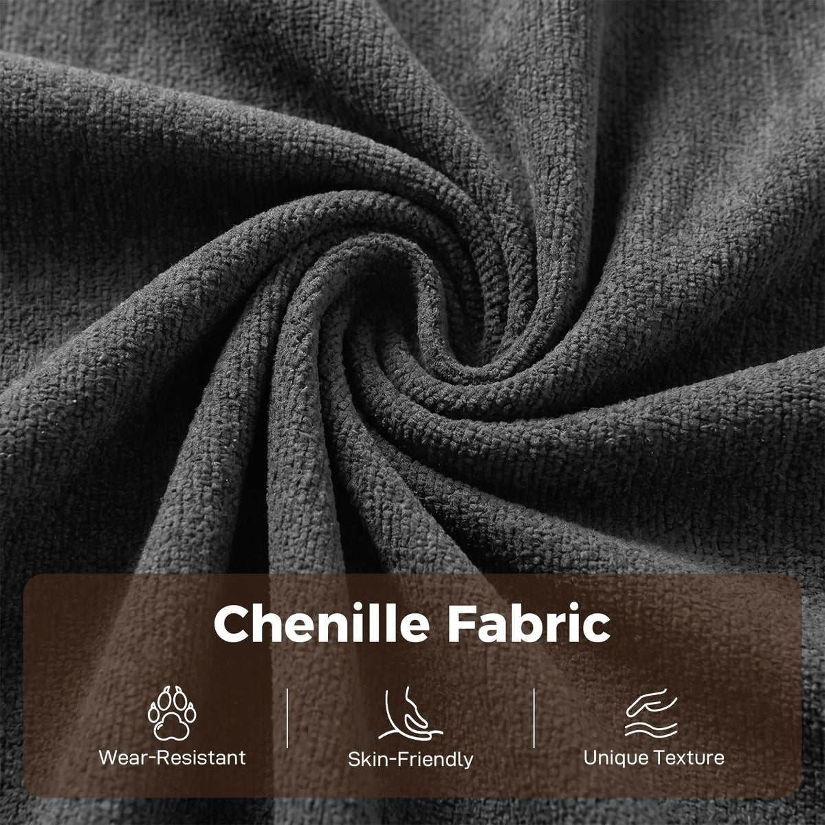 Close-up of grey chenille fabric texture on sofa bed upholstery