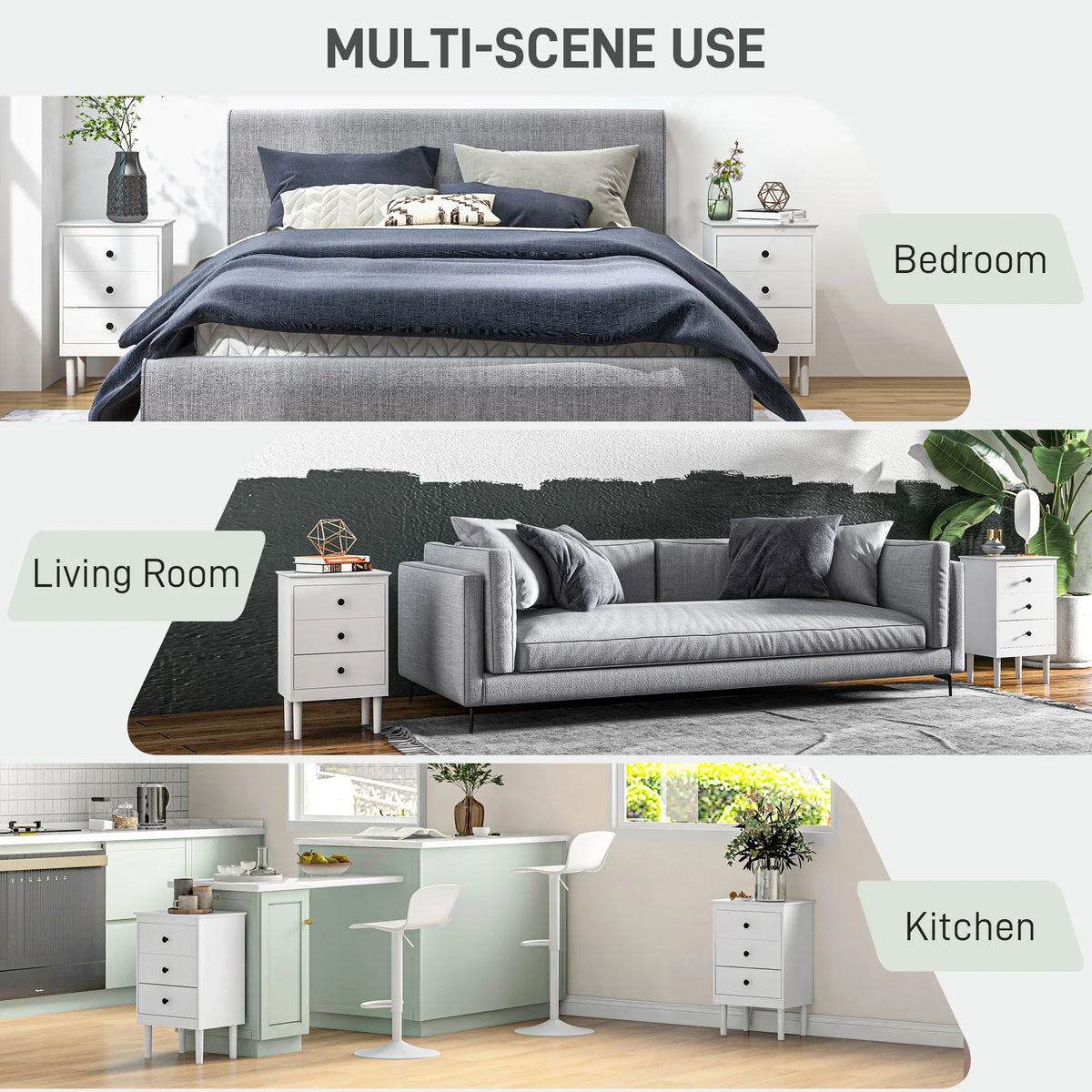 White 3-drawer nightstands with black knobs shown in multiple room settings