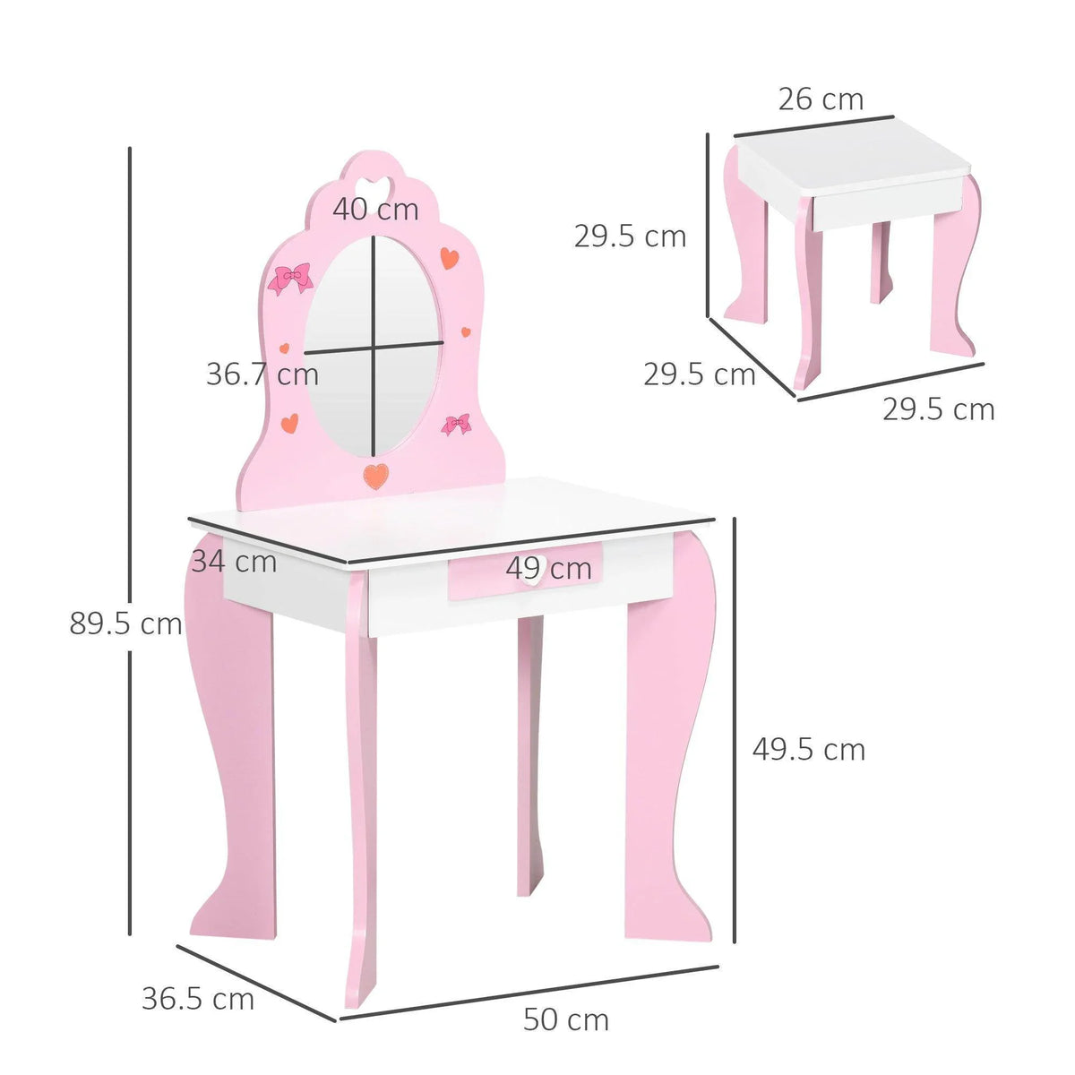 Pink kids vanity table with heart mirror, white tabletop, pink legs, and drawer