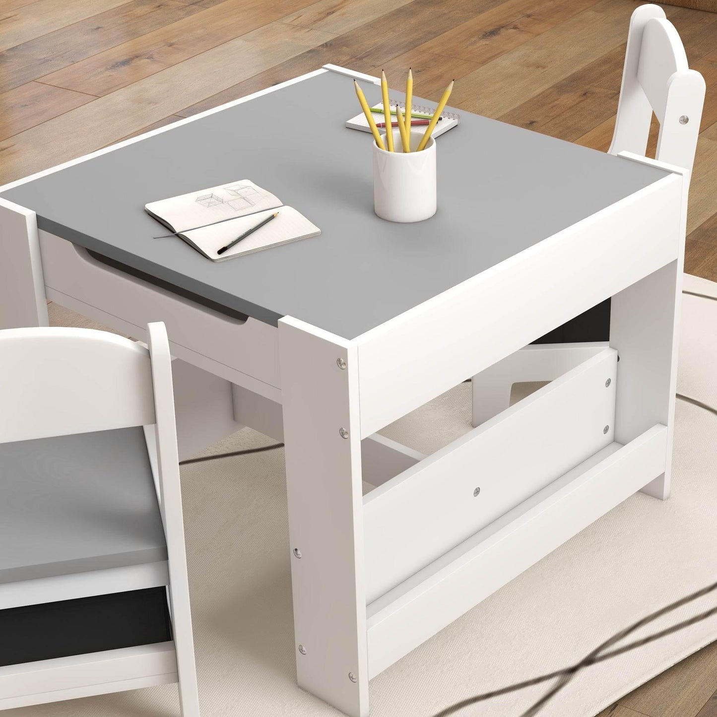 HOMCOM Grey 3-Piece Kids Table and Chair Set with Blackboard and Storage Solutions - ALL4U RETAILER LTD