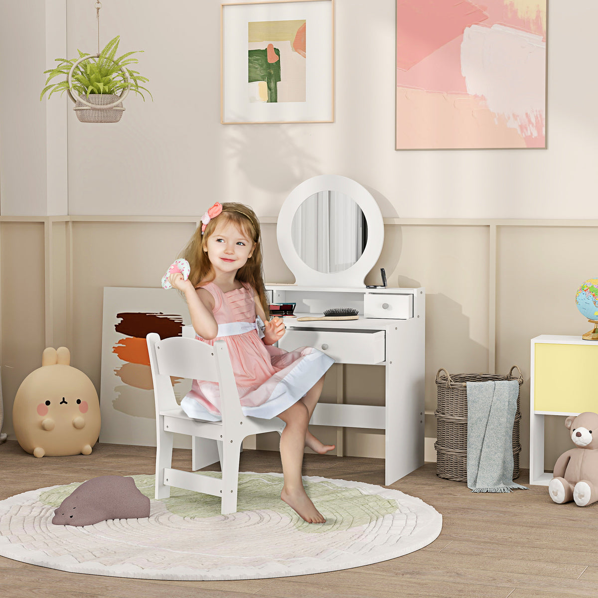 Kids white vanity dressing table set with round mirror and matching stool