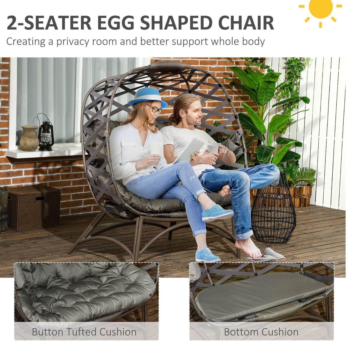 Egg-shaped outdoor chair with dark woven frame and tufted gray cushion