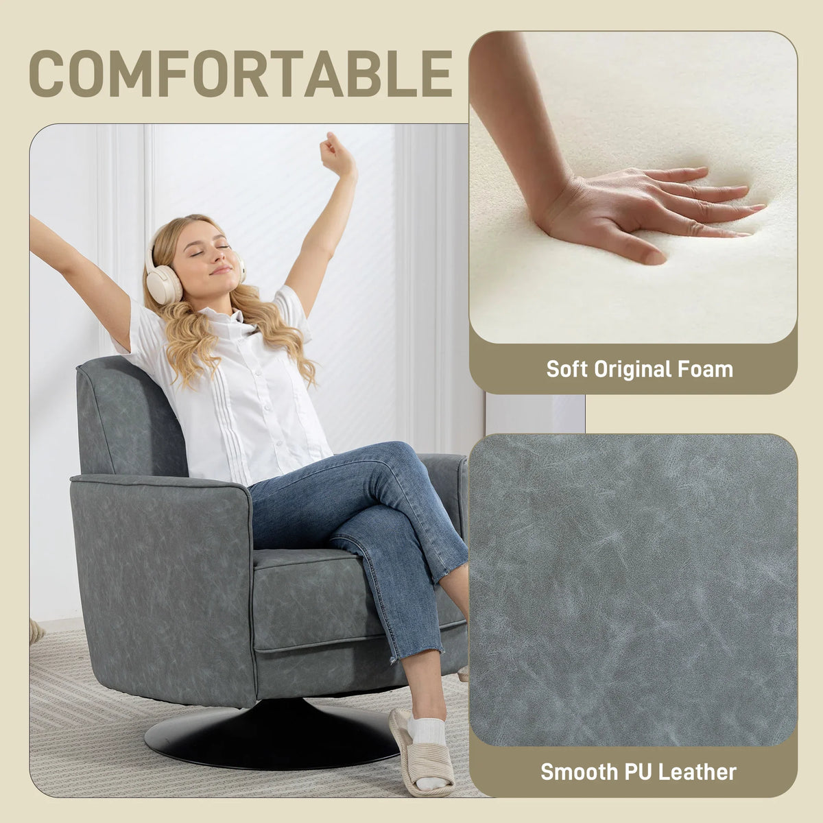 Grey upholstered swivel accent chair with smooth PU look and padded seat
