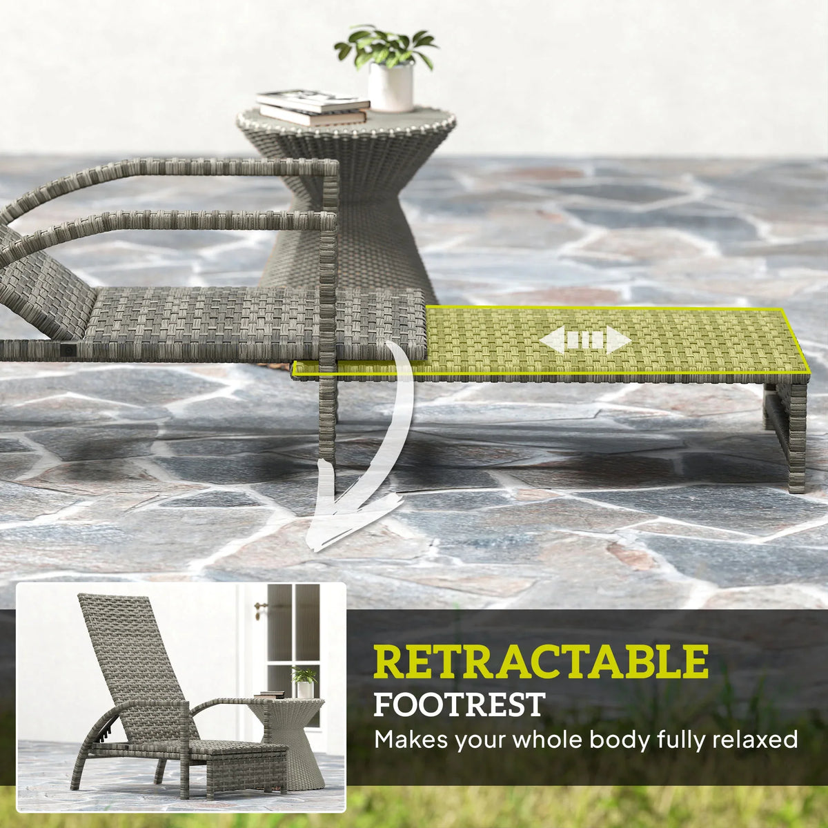 Grey rattan reclining lounger with retractable footrest for relaxed lounging
