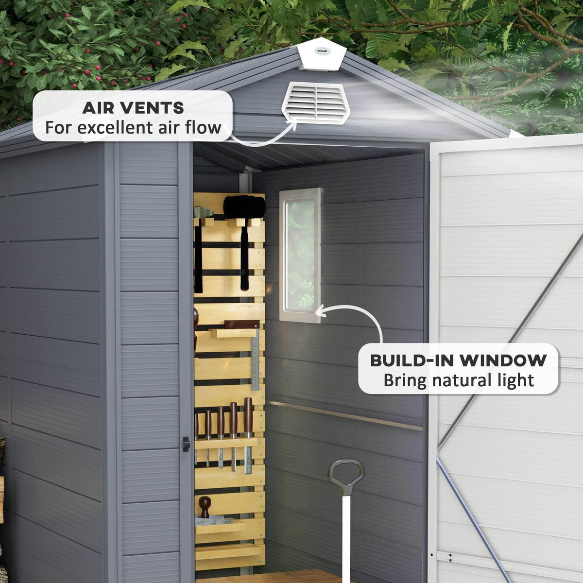 Grey outdoor storage shed with air vents and built-in window opening for natural light