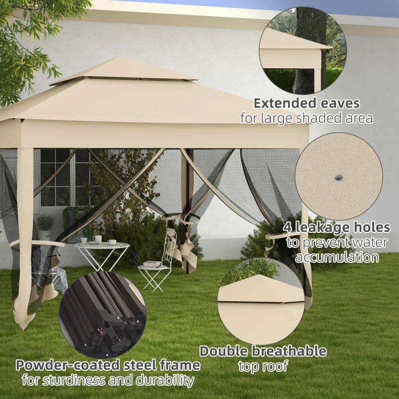 Outsunny 3 x 3m Pop Up Gazebo - Cream White, Double-Roof Garden Tent with Netting and Carry Bag: Perfect Party Event Shelter for Outdoor Patio - ALL4U RETAILER LTD