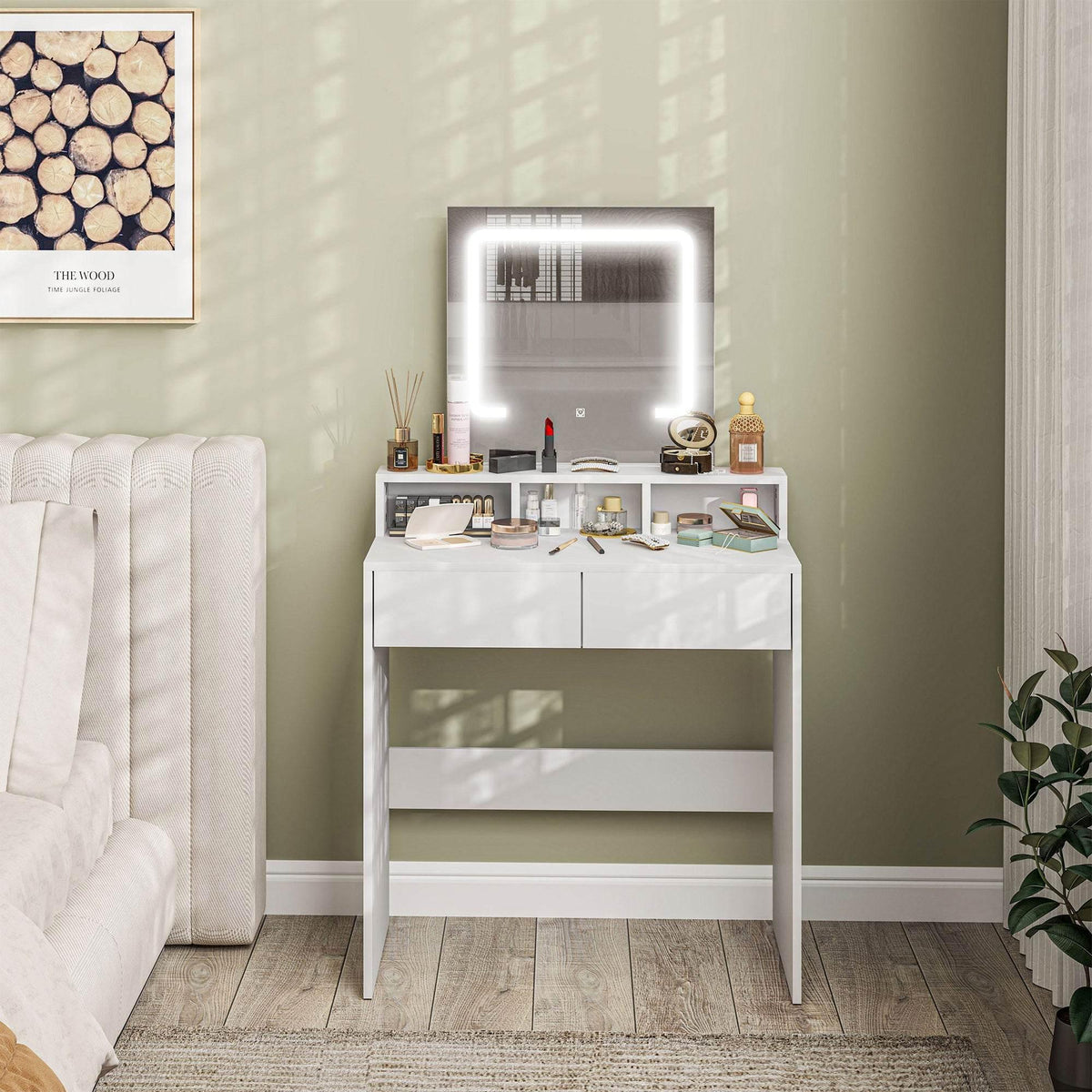 White vanity table with LED illuminated mirror and built-in storage for makeup and jewelry