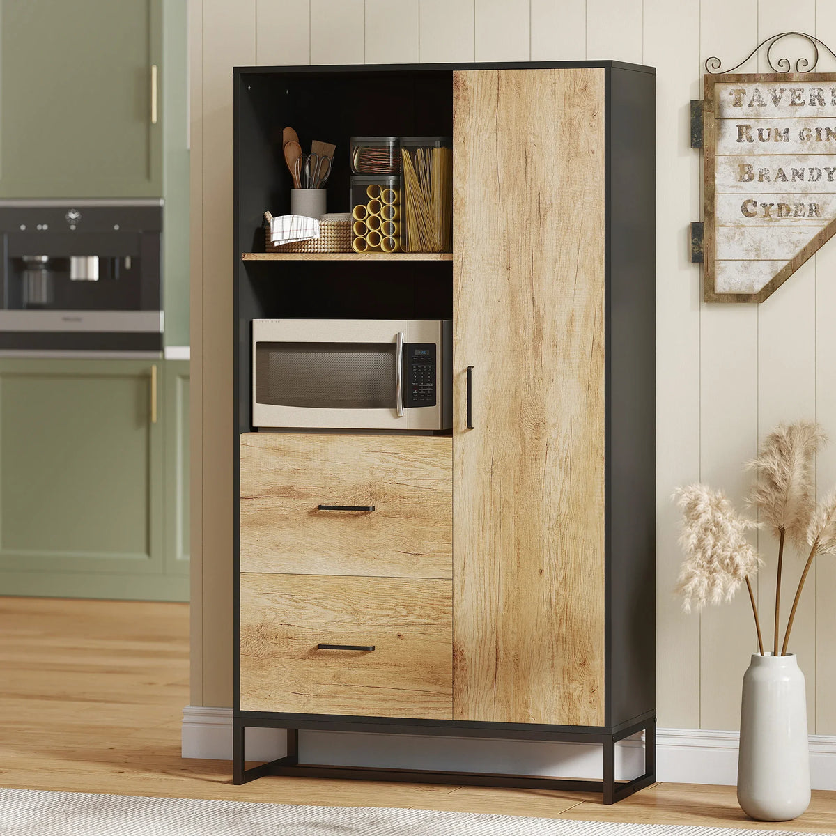 Freestanding kitchen pantry cabinet with open shelves, drawers, and light wood door panel