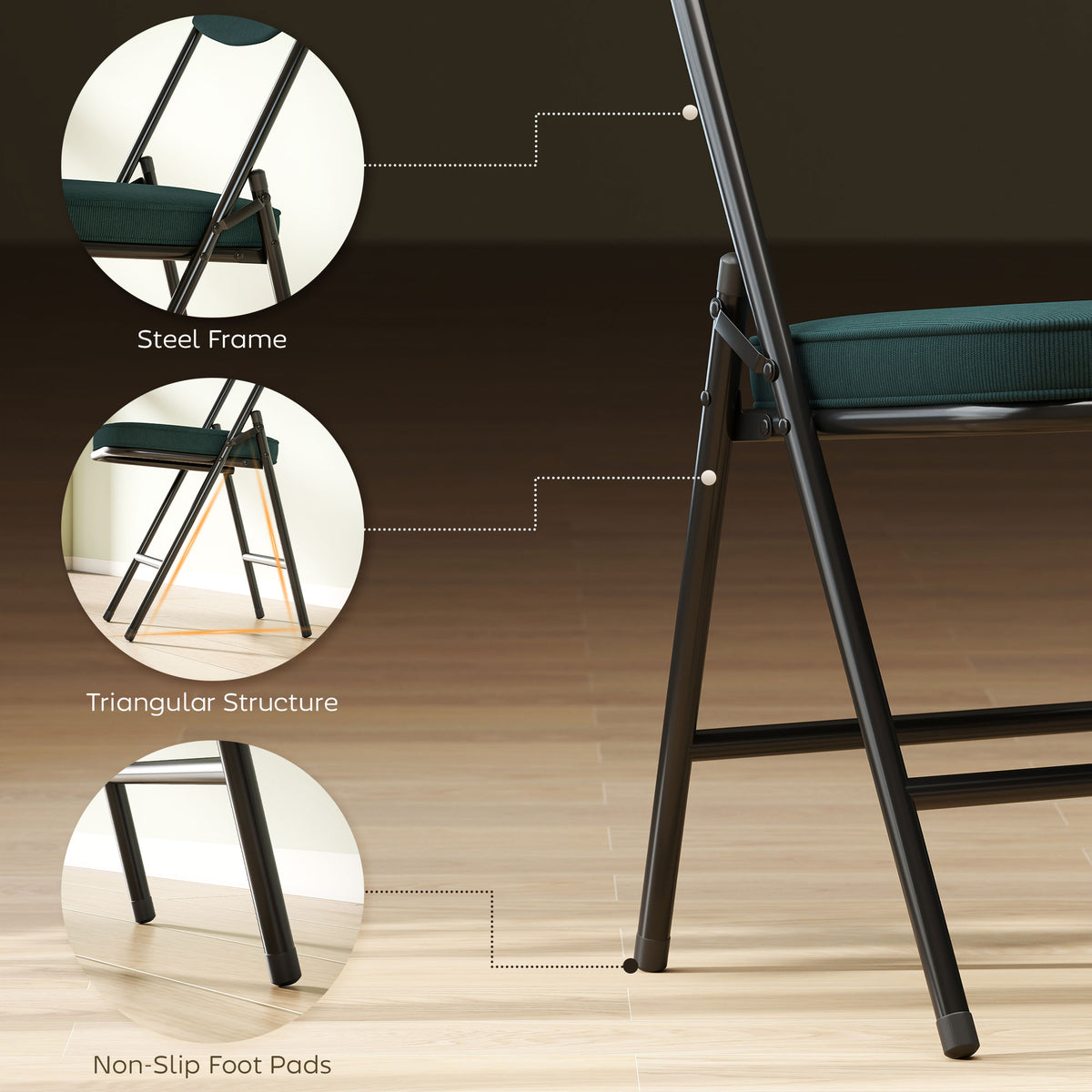 Teal corduroy folding chair with steel frame, triangular support and non-slip feet