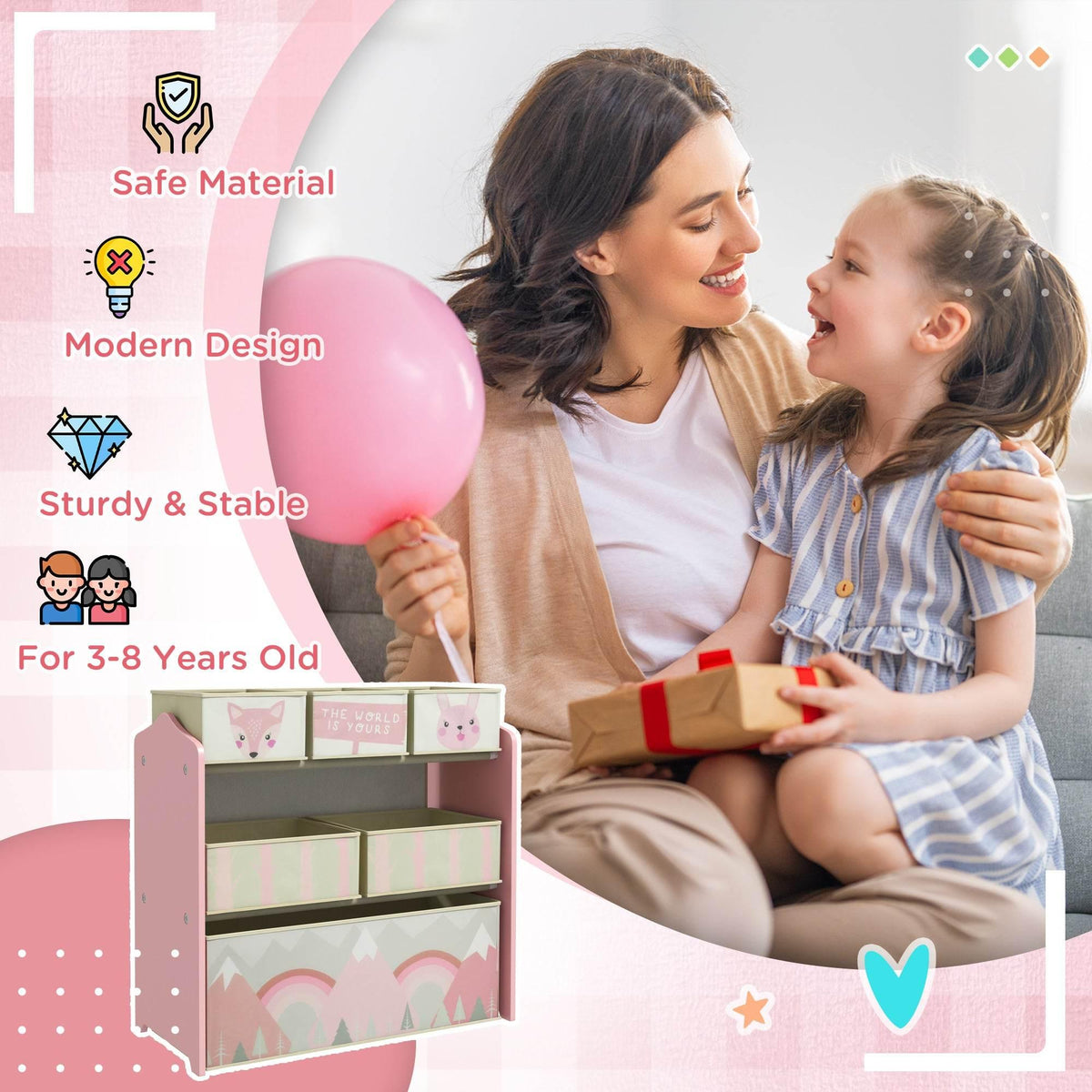 Pink kids storage shelf with six fabric bin compartments
