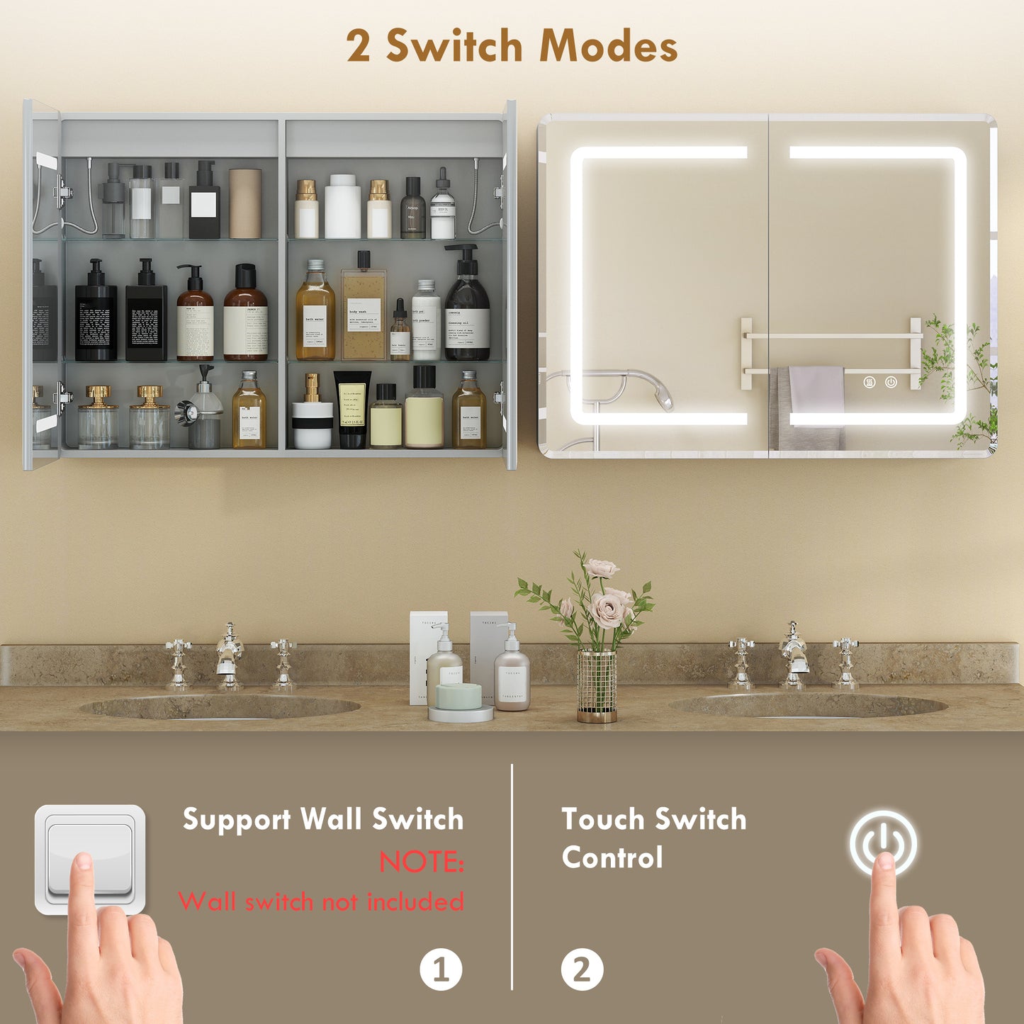 HOMCOM Mirrored Bathroom Cabinet With LED Lights 60 x 80 cm Anti Fog Mirror Cabinet With 3 Colour Dimmable Lighting