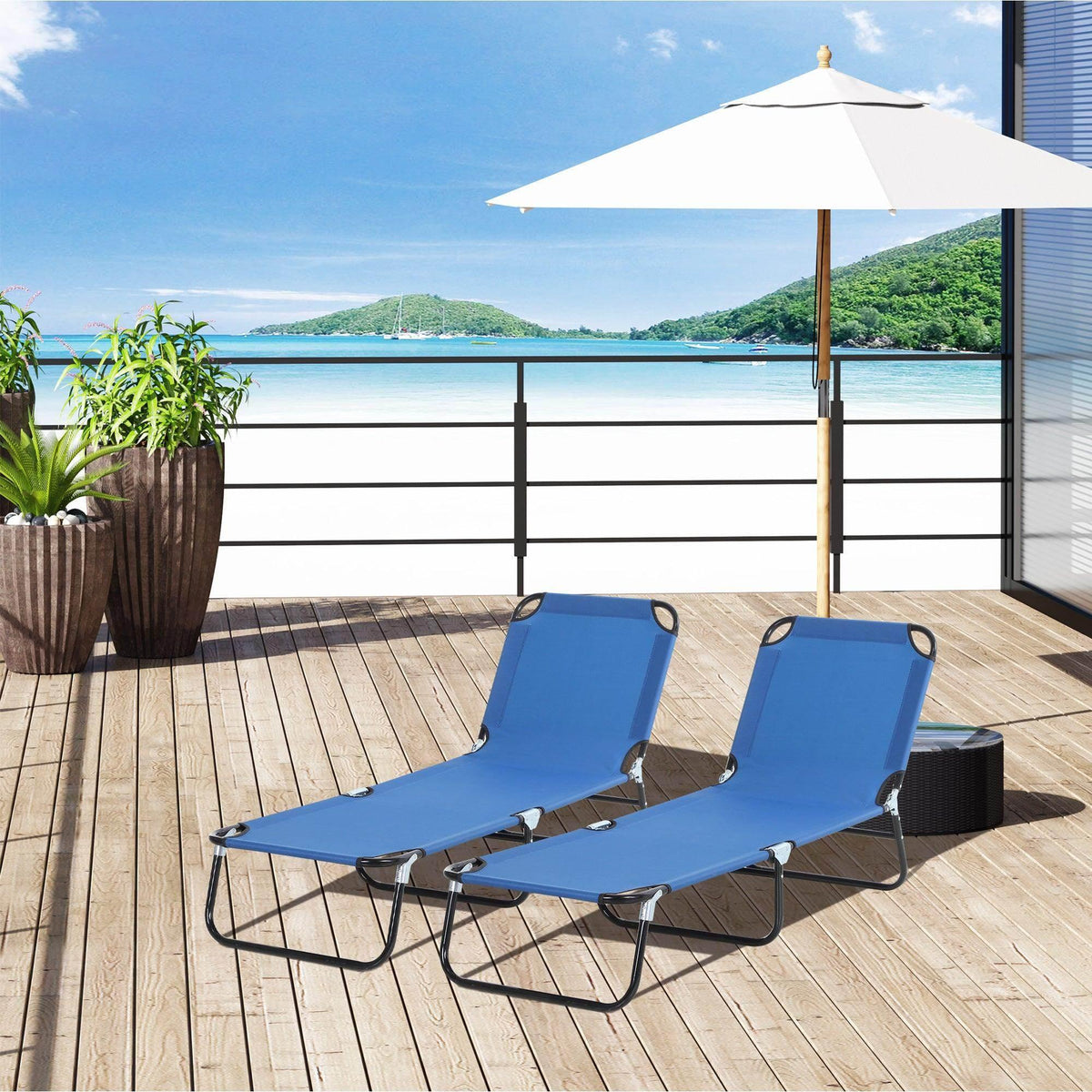 Blue foldable sun lounger set with black metal frames and reclining mesh-style seats
