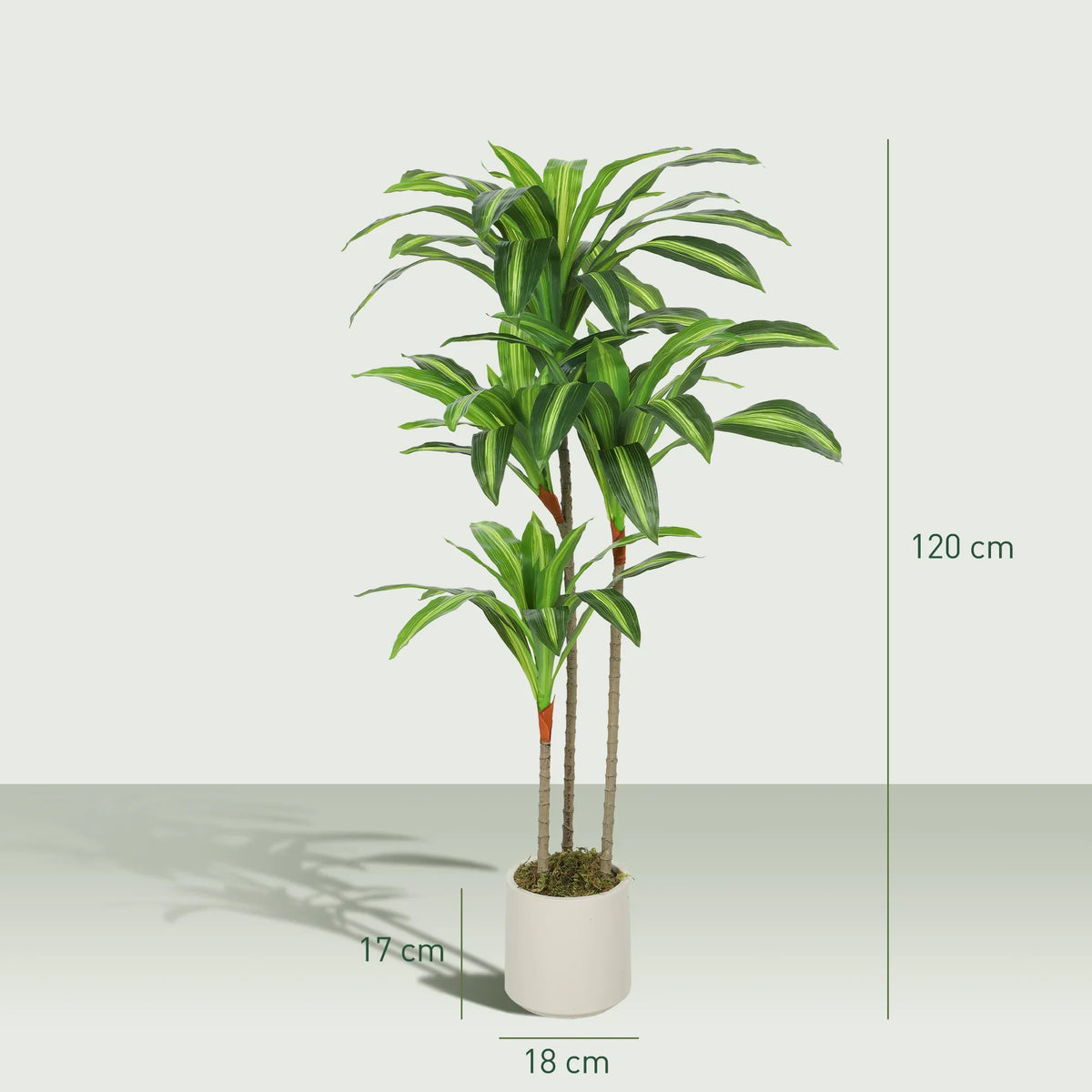 Artificial dracaena tree, 120 cm tall, green leaves and brown trunks in white pot