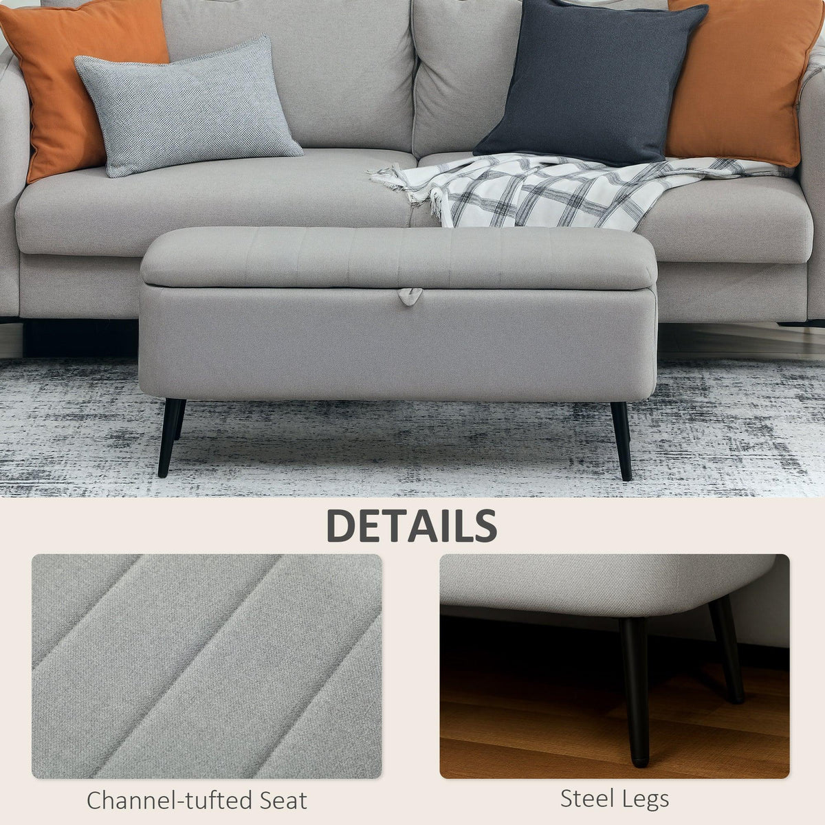 Light grey storage ottoman with padded lid, channel-tufted seat, and black legs