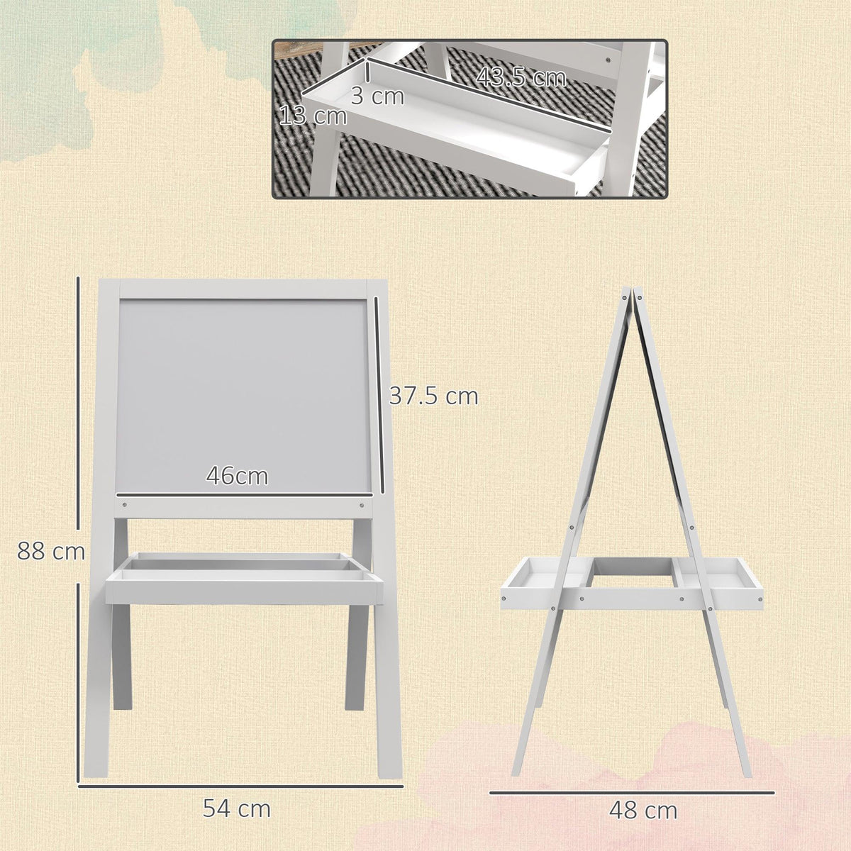 Kids standing easel with two panels and leg stand; shown with size measurements