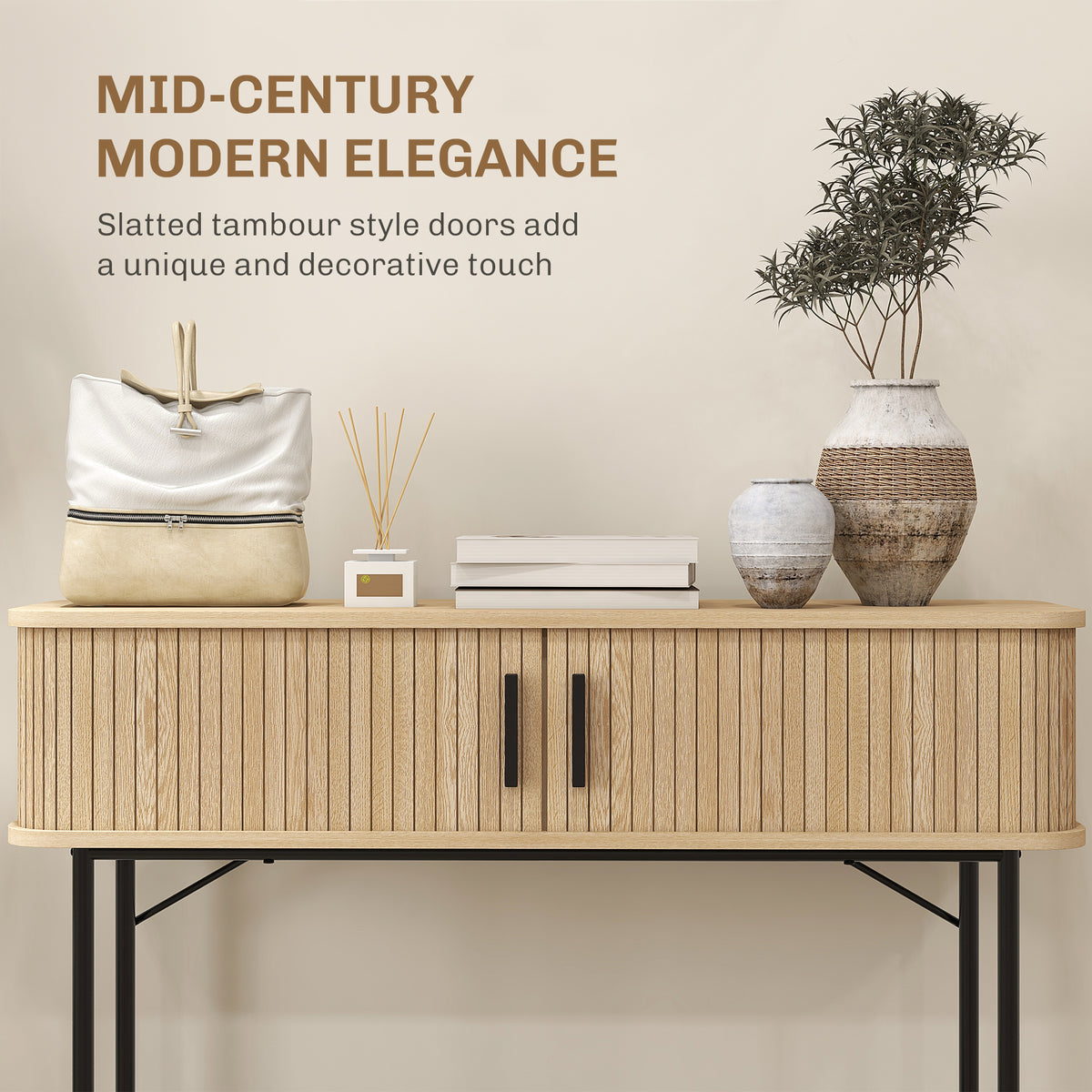 Light wood console table with slatted tambour-style sliding doors and black metal legs