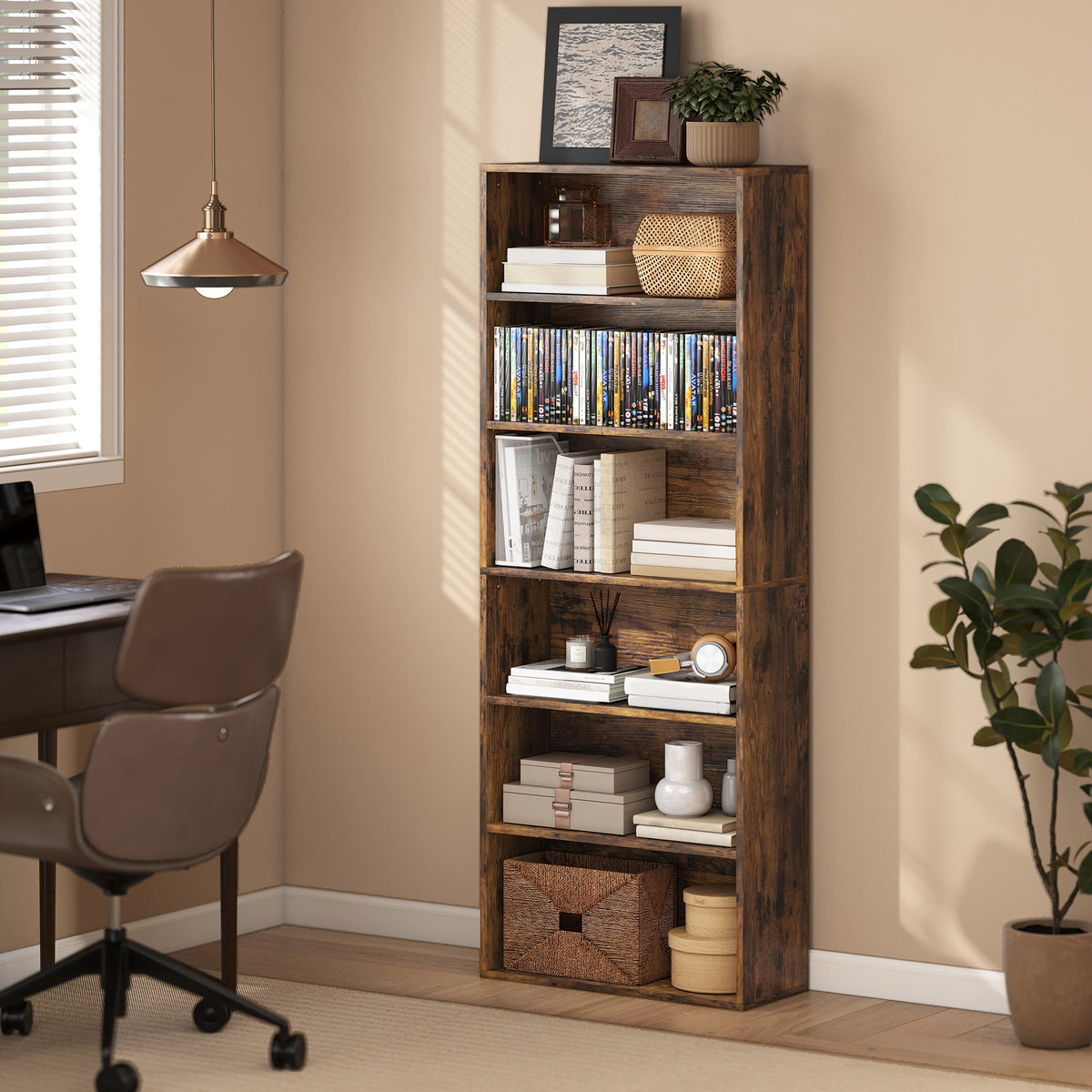 Rustic brown six-tier bookcase with open shelves for books and storage bins