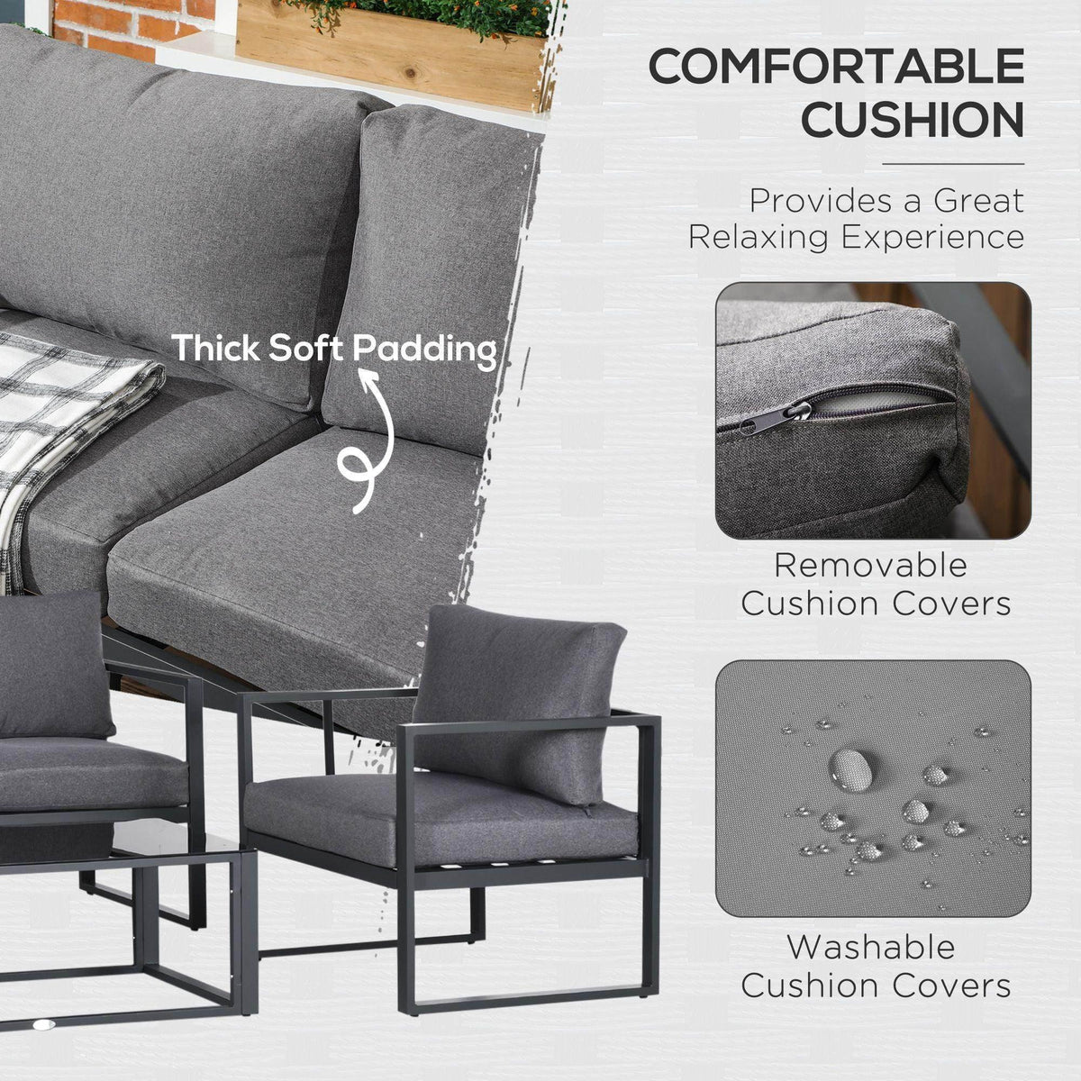 Grey outdoor cushion with thick padded seat on dark aluminum armchair