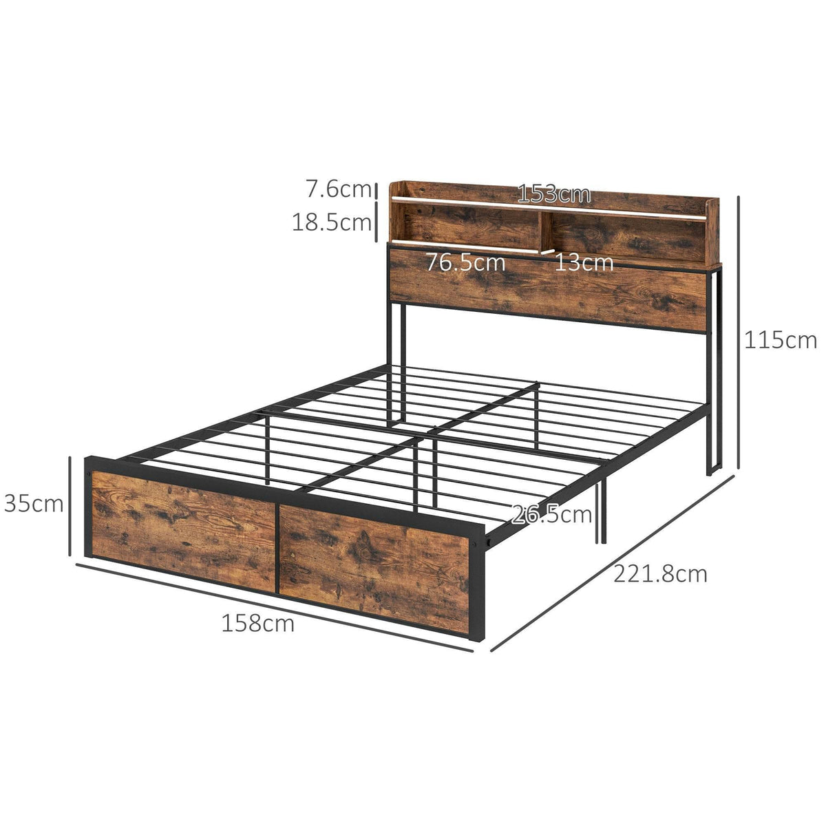 King bed base with headboard and metal slats plus two under-bed storage drawers