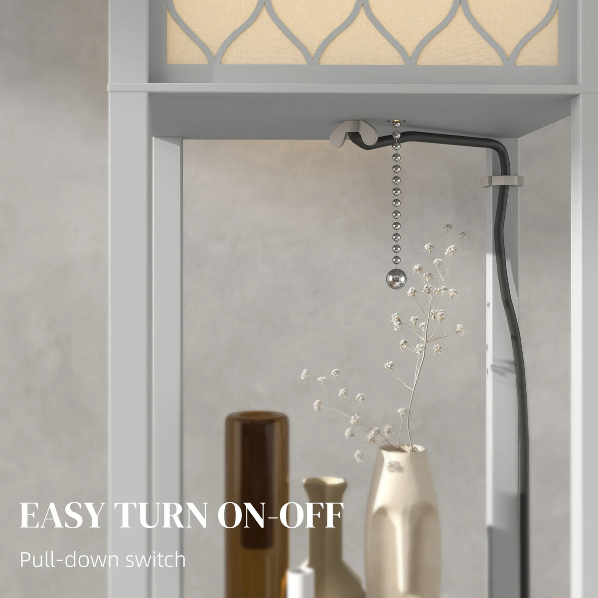 Gray-and-white standing lamp with pull-down switch under top shelf